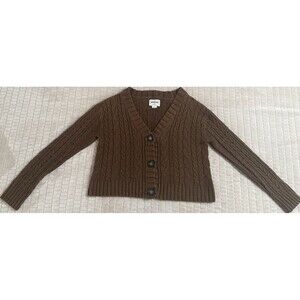 American Eagle Brown Cable Knit Cardigan Womens S Cropped V Neck Button Sweater